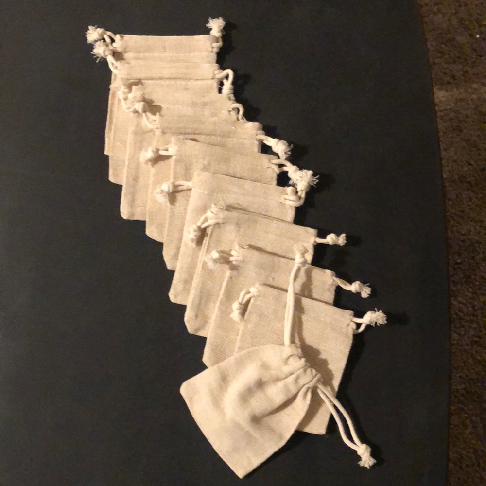 10pc JUTE NOVELTY BAGS with COTTON CORD DRAWSTRING 3”x4”